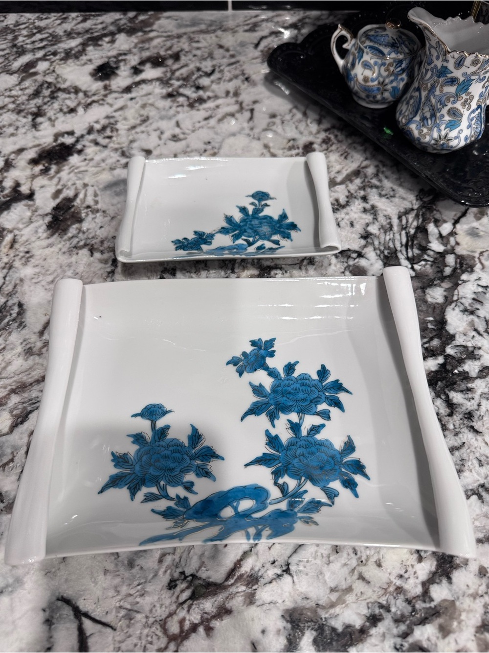 White Ceramic Serving Tray with Blue Floral Design - Elegant Home Dining